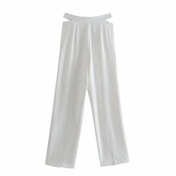 DOUJILI Hvid Elegant Løse Bukser Damer Kontor Lomme Mode Høj Talje Ren Farve, Afslappet Kvinder Bukser