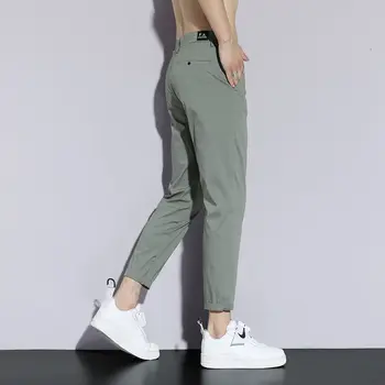 Dress Pants Mænd Sort Grå Tynd Is Silke Sommeren Koreansk Mode Slim Straight Leg Casual Pakke Mail College Fritid Tendens 2021