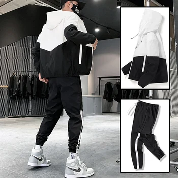 Dropshipping Patchwork Hip Hop Casual Mænds Sæt 2020 koreansk Stil 2 delt Sæt Tøj til Mænd Streetwear Trænings-og Mandlige Træningsdragt