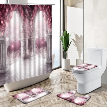 Drømmende Pink Cherry Blossom Swan Brusebad Gardin Sæt Skov Træ, Natur Home Decor Bademåtte Toilet Dække Flannel Badeværelse Tæppe