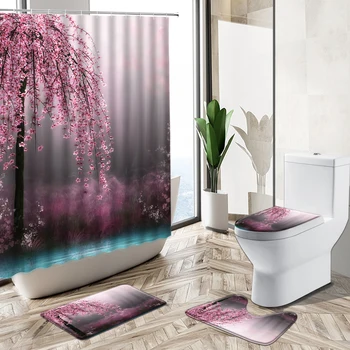 Drømmende Pink Cherry Blossom Swan Brusebad Gardin Sæt Skov Træ, Natur Home Decor Bademåtte Toilet Dække Flannel Badeværelse Tæppe