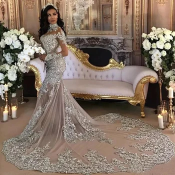 Dubai Arabisk Luksus Sparkly 2021 Bryllup Kjoler Bling Beaded Applique Høj Hals Illusion Lange Ærmer Havfrue Bride Dress Kjoler