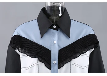 [EAM] Kvinder Blå Kontrast Farve Oversize Bluse Nye Revers Lange Ærmer i Loose Fit Skjorte Mode Tidevand Forår Sommer 2021 1DE1094
