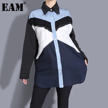 [EAM] Kvinder Blå Kontrast Farve Oversize Bluse Nye Revers Lange Ærmer i Loose Fit Skjorte Mode Tidevand Forår Sommer 2021 1DE1094