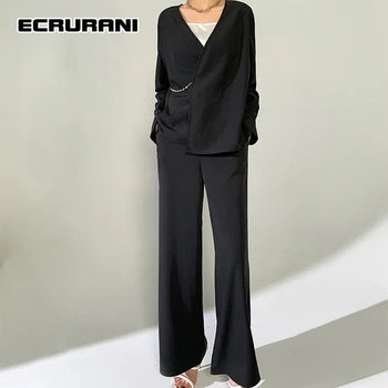 ECRURANI Casual To-delt Sæt Til Kvinder V-Hals langærmet Skjorte Høj Talje Bred Ben Bukser Solidt Sæt Kvindelige 2021 Mode Stil