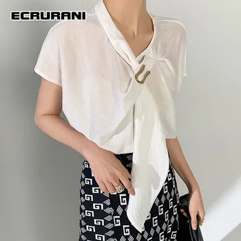 ECRURANI Hvid T-Shirt For Kvinder V-Hals, Korte Ærmer Med Bandage Løs Solid T-Shirts Kvindelige Nyt Tøj 2021 Sommeren Tidevandet