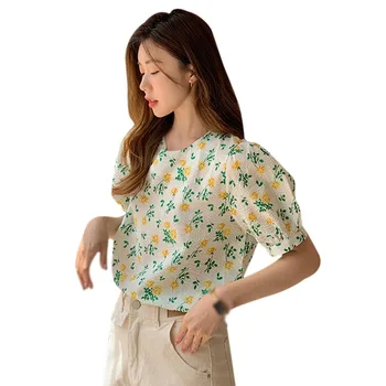 EFINNY Kvinder Bluser Mode Bluse 2021 Elegant Blomster Print Bluse med Kort Ærme Top Femme Rund Hals Toppe S M L XL