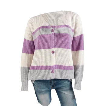 Efterår Og Vinter Kvinder er Knap Stribe Syning Sweater Cardigan Fashion Lange ærmer V-hals Løs Sweater Kontrast Farve Top