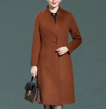 Efterår og vinter står krave cashmere frakke kvinder slank én knap dobbelt over uldne frakke
