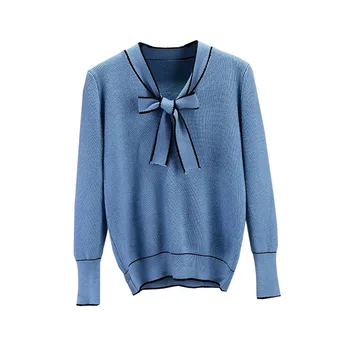 Efterår / vinter 2020 ny koreansk blå bue strikket trøje top kvinders løs lange ærmer bunden sweater