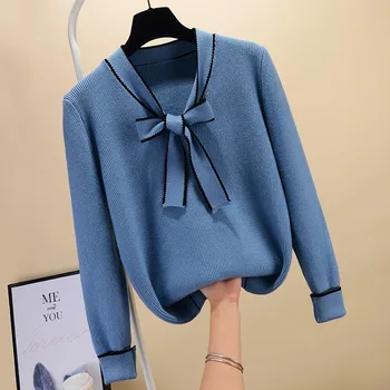 Efterår / vinter 2020 ny koreansk blå bue strikket trøje top kvinders løs lange ærmer bunden sweater
