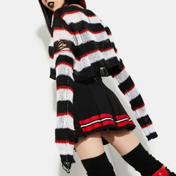 Efteråret 2021 Nye damemode Stribe Rund Hals langærmet Sweater Farve Kontrast Mode Gotiske Tendens High Street