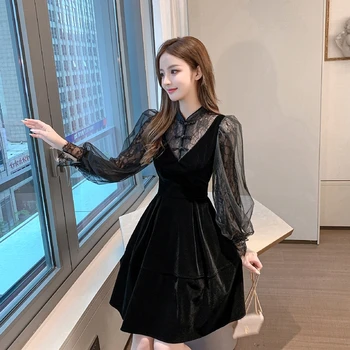 Efteråret 2021 nye franske Hepburn stil lille sort kjole med tynd talje