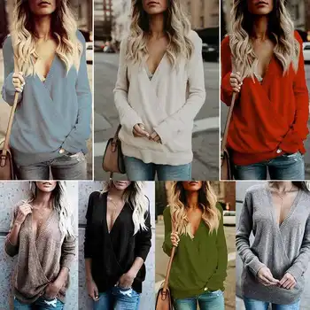 Efteråret Damer Sexy Sweater Strik Med V Neck Pullover I Vinter Mode Varm Ensfarvet Langærmet Sweater Streetwear