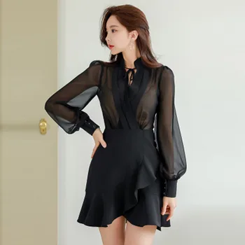 Efteråret Nye Mode Sorte Flæser Kjole Kvinder V-krave Lange Ærmer Slanke Kjoler koreanske Smart Chiffon Syning Business Kjole