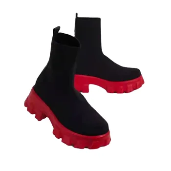 Efteråret Nye Sokker Sko Kvinde Stretch Mid-Kalv Afslappet Platform Støvler Net Red Strikke Short Boots Kvinder Plus Size Støvletter