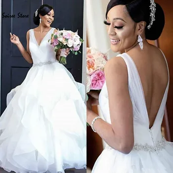 Elegant Afrikanske Nigerianske Bryllup Kjole 2020 Dyb V Hals Organza Boho Brudekjole Ruch Sexet Ryg Plus Size vestidos de boda