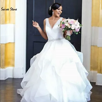 Elegant Afrikanske Nigerianske Bryllup Kjole 2020 Dyb V Hals Organza Boho Brudekjole Ruch Sexet Ryg Plus Size vestidos de boda