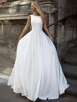 Elegant Backless Broderi Pynt Tyl A-Line Wedding Dress 2021 Nye Ankomst Ærmeløs O-Hals Sweep-Train-Brudekjole