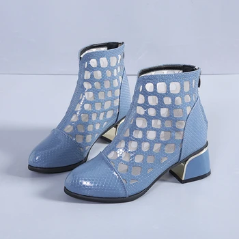 Elegant Blå Sommer støvler Spids Tå Tykke Hæle Læder Skåret ud Zip-Sko-Kvinde 2021 Casual bottes fodtøj Sandaler