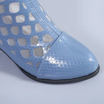 Elegant Blå Sommer støvler Spids Tå Tykke Hæle Læder Skåret ud Zip-Sko-Kvinde 2021 Casual bottes fodtøj Sandaler