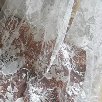 Elegant bruden bryllup kjole brudekjoler syning blonde stof med skinnende pailletter! 1 Værftet Elfenben farve tyl mesh broderier og kniplinger!