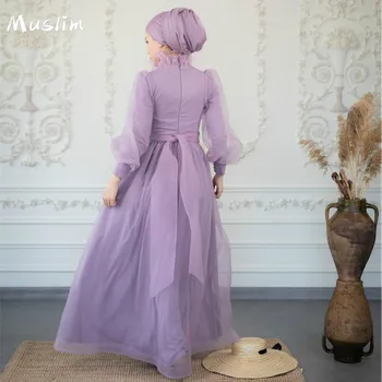 Elegant Lilla Dubai Muslimske Aften Vintage Kjole Med Lange Ærmer Høj Hals Arabisk Prom Kjoler Med Bånd Marokkanske Robe De Aftenselskab