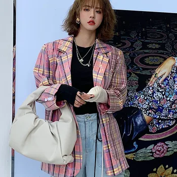Elegant Plaid, Der Passer Jakke Kvinder 2021 Nye Toppe Koreansk Stil Forår Mode Dame, Der Arbejder Frakke Trend Palliet Blazer Til Kvinder