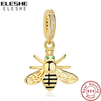 ELESHE Forgyldt Søde Dyr Bee Heart Charm i 925 Sterling Sølv Perler Passer Oprindelige Charme Armbånd DIY Smykker 2021