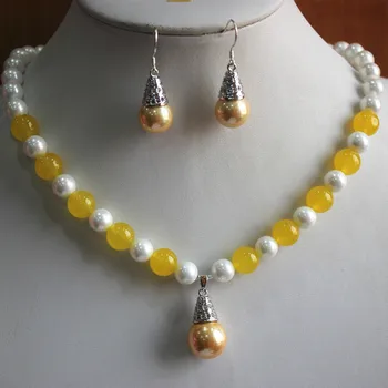 Engros 8mm blandede farver hvid/gul jade perle/sten halskæde +14mm pearl krog øreringe og vedhæng smykker sæt>>002