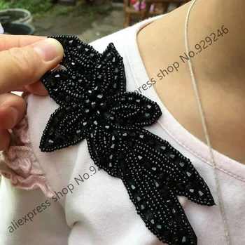 Engros-beaded sort blomst applikation til tøjet skuldre dekoration stjerne-form crystal trimmer til kjole tøj tilbehør