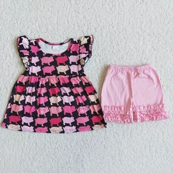 Engros-Flerfarvet Søde Piggy Boutique Baby Pige Sommer Sæt Kortærmet Skjorte Pink Flæsekanter Shorts Børn Tøj Børne Tøj