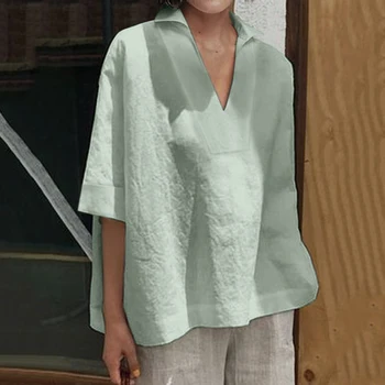 Engros Kvinder Sommer Hvid Bluse ensfarvet V-neck Shirt Casual Løs Medium Ærme Plus Size Elegante Tynde Toppe Til Damer