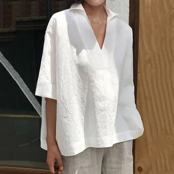 Engros Kvinder Sommer Hvid Bluse ensfarvet V-neck Shirt Casual Løs Medium Ærme Plus Size Elegante Tynde Toppe Til Damer