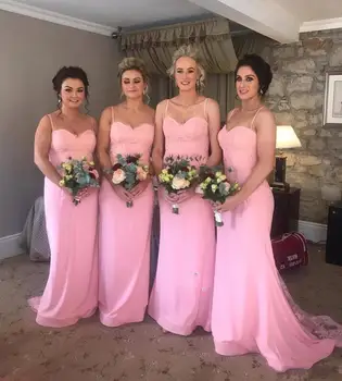 Enkel, Elegant Pink Lange Brudepige Kjoler 2019 Spaghetti Strop Satin Sweetheart Dress For Brides Stuepige Havfrue