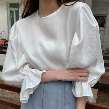 Enkel Kvinder Bluse Casual Mode Hvid Løs Kvindelige Lanterne Ærmet Shirt Efteråret Japan, Korea, Oversized Toppe Pullover Daglige Slid