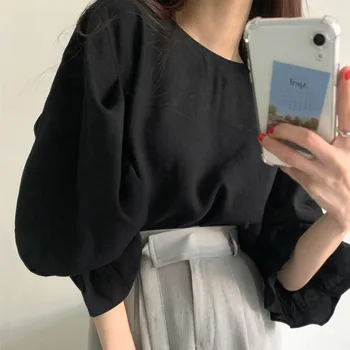 Enkel Kvinder Bluse Casual Mode Hvid Løs Kvindelige Lanterne Ærmet Shirt Efteråret Japan, Korea, Oversized Toppe Pullover Daglige Slid