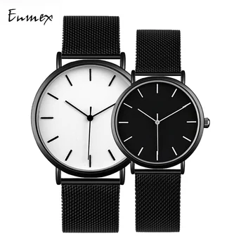 Enmex cool stil par armbåndsur Kort mode, enkel, elegant Sort og hvid rustfrit stål quartz ur mode ur
