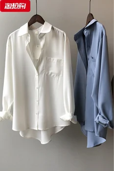 Ensfarvet Skjorte til Kvinder 2021 Forår og Efterår Nye Retro Tencel Top Casual Lange Ærmer Revers Shirt Casual Bluser