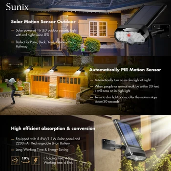 Eslas LED Solar Light PIR bevægelsesføler 800LM Super Lyse Sol Lampe IP65 Vandtæt Soldrevne til Udendørs Have, Væg Lampe