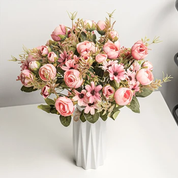 Europa-Vintage Kunstig Silke Daisy Rose Buket Blomster bud Bryllup Hjem Retro Falske Flower Party DIY Dekoration Holde Flow