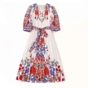 Europæiske og Amerikanske kvinder ' s wear til sommer 2021 V hals med fem-kvart ærme Blomster print Mode plisseret kjole