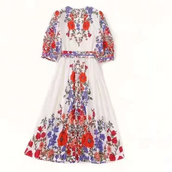 Europæiske og Amerikanske kvinder ' s wear til sommer 2021 V hals med fem-kvart ærme Blomster print Mode plisseret kjole