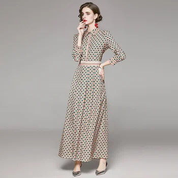 Europæiske og Amerikanske Mode-England-Stil langærmet Shirt Kjole Foråret/Efteråret Kvinder Kontor Elegante Vintage Print Maxi Kjole