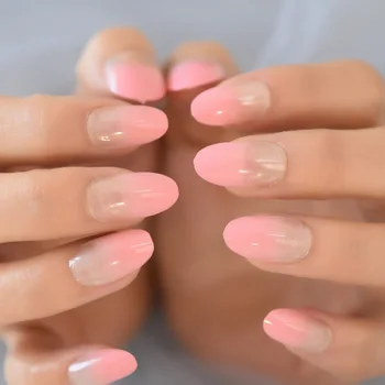Falsk Negl Lys Pink Tryk På French Nail Tips Medium Mandel Form Falsk Søm Halvt Gennemsigtige For Daglige Bære