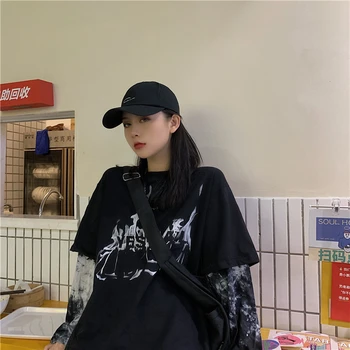 Falsk to stykker kausale Harajuku style t-shirts kvinde print løs oversize efteråret tees nye mode brand ulzzang damer toppe