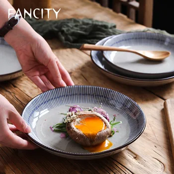FANCITY Japansk-stil husstand ris keramisk plade middagstallerken runde plade restaurant middag, tallerken dyb tallerken kommercielle