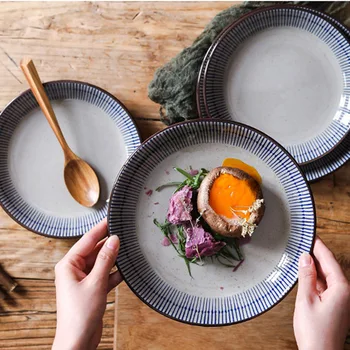 FANCITY Japansk-stil husstand ris keramisk plade middagstallerken runde plade restaurant middag, tallerken dyb tallerken kommercielle