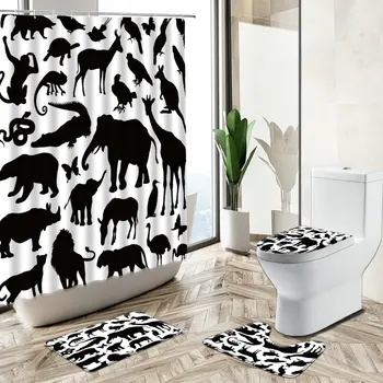 Farverig Tegneserie Dyr Badeforhæng Tiger, Elefant Panda Zebra Sjovt Design Barn Badeværelse Indretning Tæppe Toilet Dække Bademåtte Sæt
