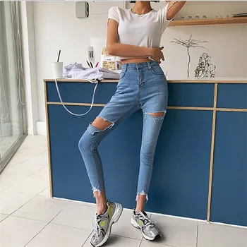Fashion Design Slim Denim Blyant Bukser 2020 Sommeren Kvinders Høj Talje Knappen Hvide Jeans Kvinder Casual Ni Point Jeans